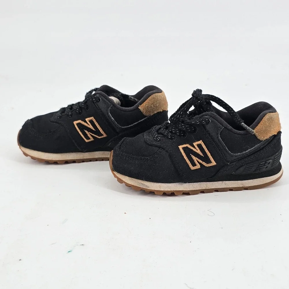 New Balance 574 Kids 4 Sneakers Black Tan Suede Low Top Athletic Shoes